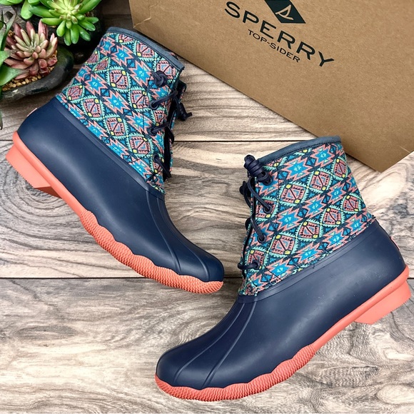 NIB Sperry Saltwater Serape Textile Geometric Navy Waterproof Duck Rain Boots - Picture 2 of 13